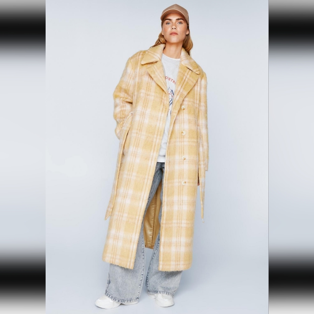 Check Print Wool Blend Robe Coat